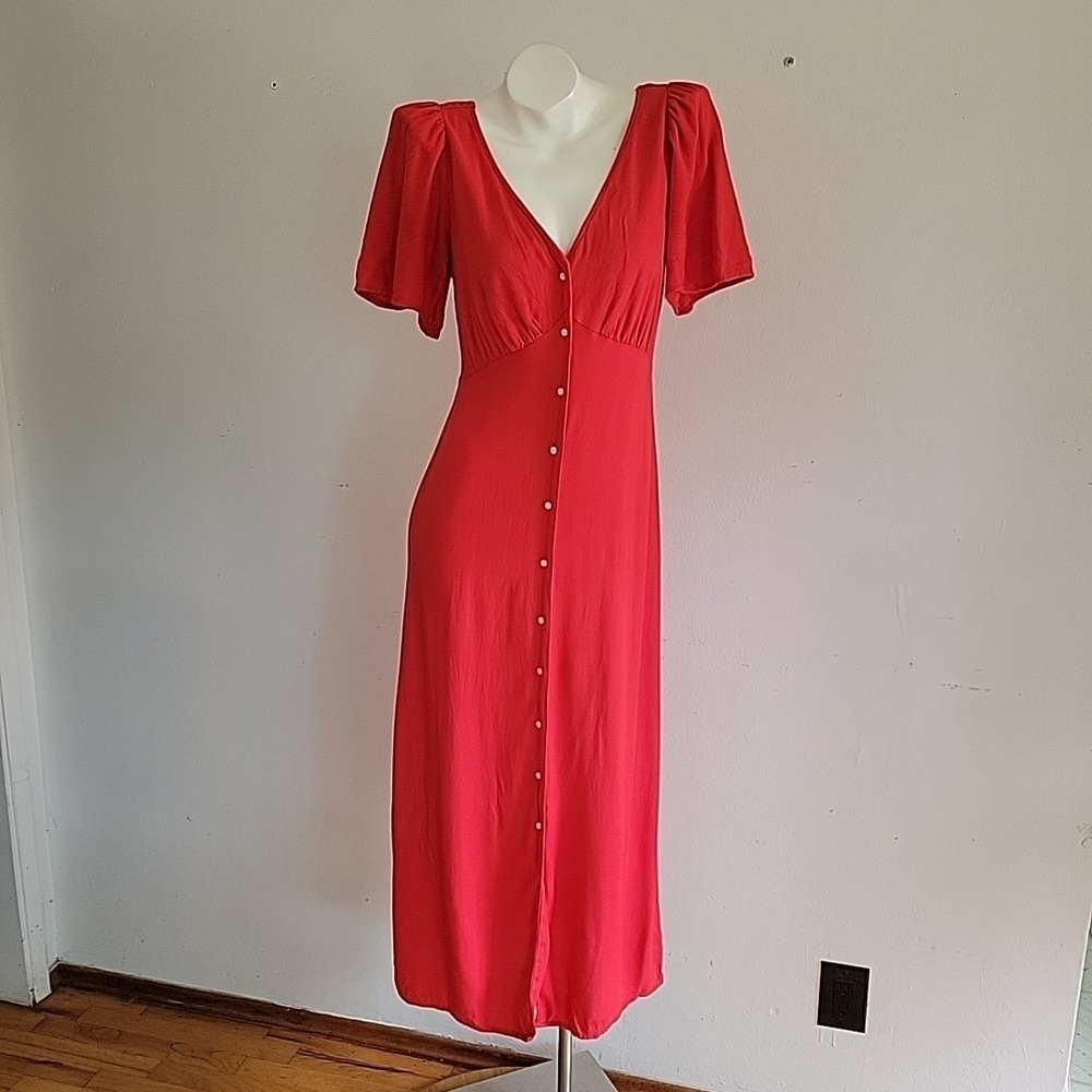 Old Navy Waist‎ Defined Midi Dress XS Tall Cherry Tomato Red Cottagecore Picnic